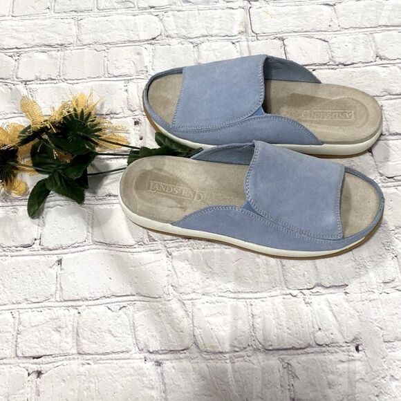 Lands End Leather Slide Mules Blue 6 Wide‎ - Picture 1 of 11